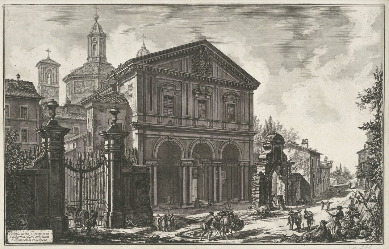 Sint-Sebastiaan buiten de Muren te Rome Pohled na baziliku S. Sebastiano za hradbami Říma, na Via Appia (název na objektu) Gezichten op Rome (název série) Pohledy na Řím navrhl a vyryl Giambattista Piranesi architekt Ve (nez) ian od Giovanni Battista Piranesi