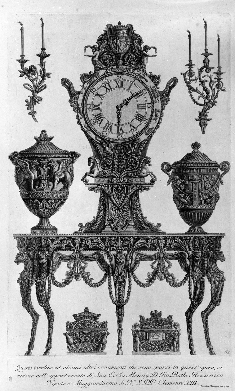 Stůl a dekorace pro biskupa Battu Rezzonico, synovce a komorníka Klementa XIII. Kresba Giovanni Piranesi (známý jako Piranese) (1720-1778). od Giovanni Battista Piranesi