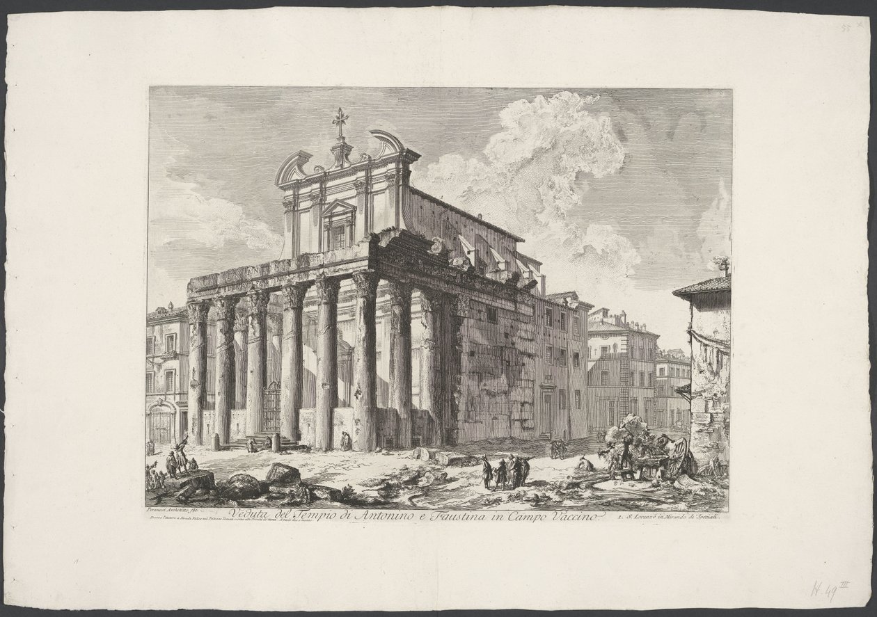 Tempel van Antoninus en Faustina te Rome Pohled na chrám Antonina a Faustiny v Campo Vaccino (název na objektu) Gezichten op Rome (název série) Pohledy na Řím navržený a vyrytý architektem Giambattista Piranesi Ve (nez) iano (název série) od Giovanni Battista Piranesi