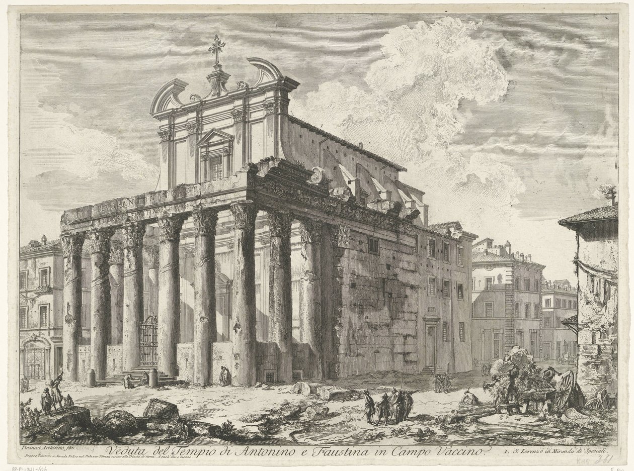 Tempel van Antoninus en Faustina te Rome Pohled na chrám Antonina a Faustiny v Campo Vaccino (název na objektu) Gezichten op Rome (název série) Pohledy na Řím navržený a vyrytý architektem Giambattista Piranesi Ve (nez) iano (název série) od Giovanni Battista Piranesi