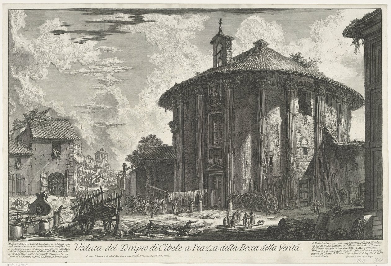 Tempel van Hercules Invictus te Rome Pohled na chrám Kybele na náměstí Piazza della Bocca della Verità (název na objektu) Gezichten op Rome (název série) Pohledy na Řím navržený a vyrytý architektem Giambattista Piranesi Ve (nez) iano (název série) od Giovanni Battista Piranesi