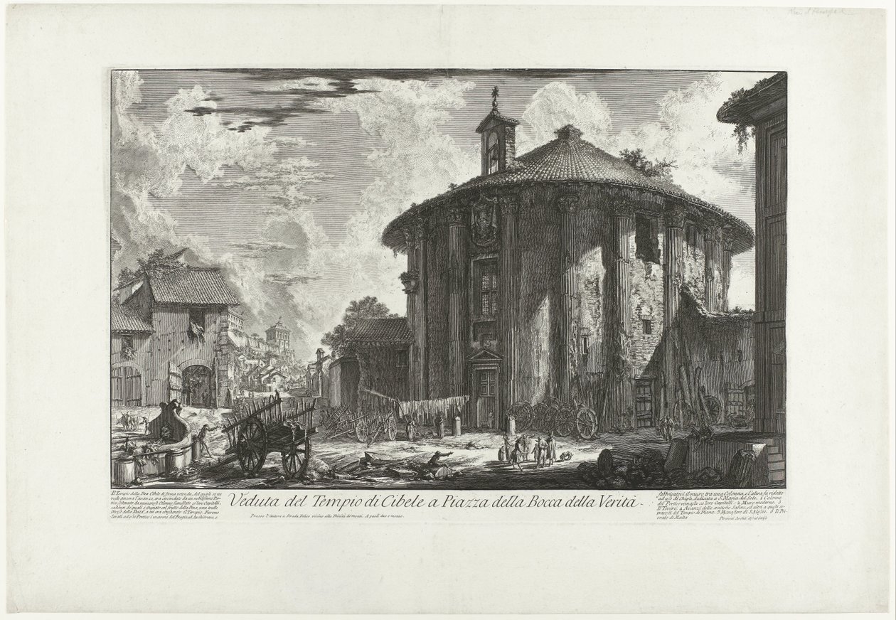 Tempel van Hercules Invictus te Rome (název na objektu) Pohled na chrám Kybele na náměstí Piazza della Bocca della Verità (název na objektu) Gezichten op Rome (název série) Pohledy na Řím navrhl a vyryl Giambattista Piranesi architekt Ve (nez) iano (s od Giovanni Battista Piranesi