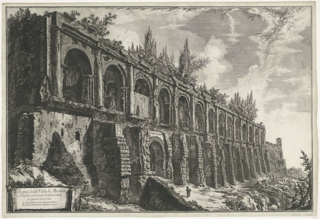 Tempel van Hercules Victor t a Tivoli Pozůstatky vily di Mecenate v Tivoli, postavené z travertinů nejisté práce (název na objektu) Gezichten op Rome (název série) Pohledy na Řím navrhl a vyryl Giambattista Piranesi architekt Ve (nez) iano ( od Giovanni Battista Piranesi