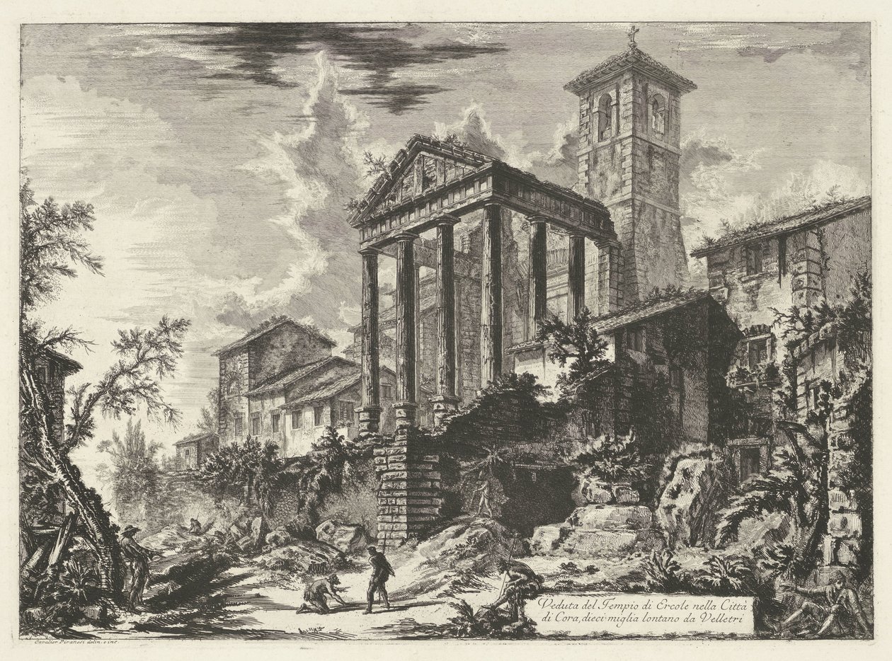 Tempel van Hercules te Cori Pohled na Herkulův chrám ve městě Cora, deset mil od Velletri (název na objektu) Gezichten op Rome (název série) Pohledy na Řím navrhl a vyryl architekt Giambattista Piranesi Ve (nez) iano (série t od Giovanni Battista Piranesi