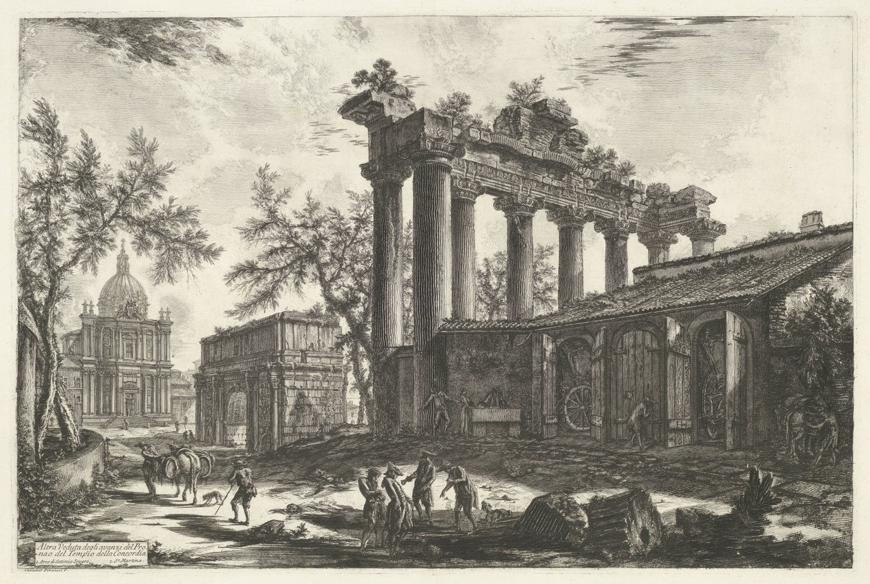 Tempel van Saturnus te Rome Další pohled na pozůstatky Pronaos z chrámu Concordia (název na objektu) Gezichten op Rome (název série) Pohledy na Řím navržený a vyrytý architektem Giambattista Piranesi Ve (nez) iano (název série) od Giovanni Battista Piranesi