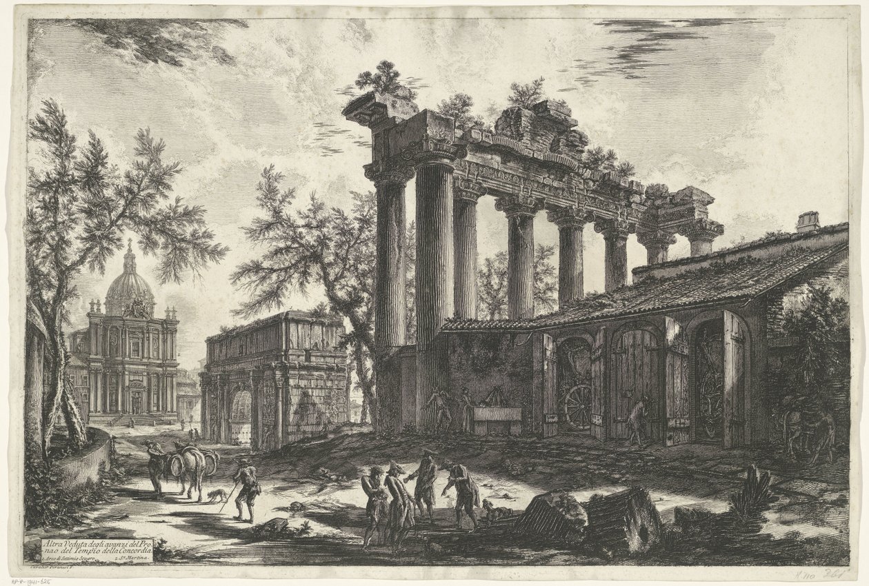Tempel van Saturnus te Rome Altra Veduta degli avanzi del Pronao del Tempio della Concordia (title on object) Gezichten op Rome (series title) Vedute di Roma disegnate ed incise da Giambattista Piranesi architetto Ve(nez)iano (series title)   1368950   cs  od Giovanni Battista Piranesi