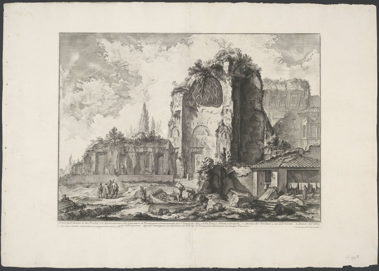 Tempel van Venus en Roma te Rome Pohled na pozůstatky dvou Tricliniů, které patřily Zlatému domu Neronových (...) (název na objektu) Gezichten op Rome (název série) Pohledy na Řím navržený a vyrytý architektem Giambattista Piranesi Ve (nez) iano od Giovanni Battista Piranesi