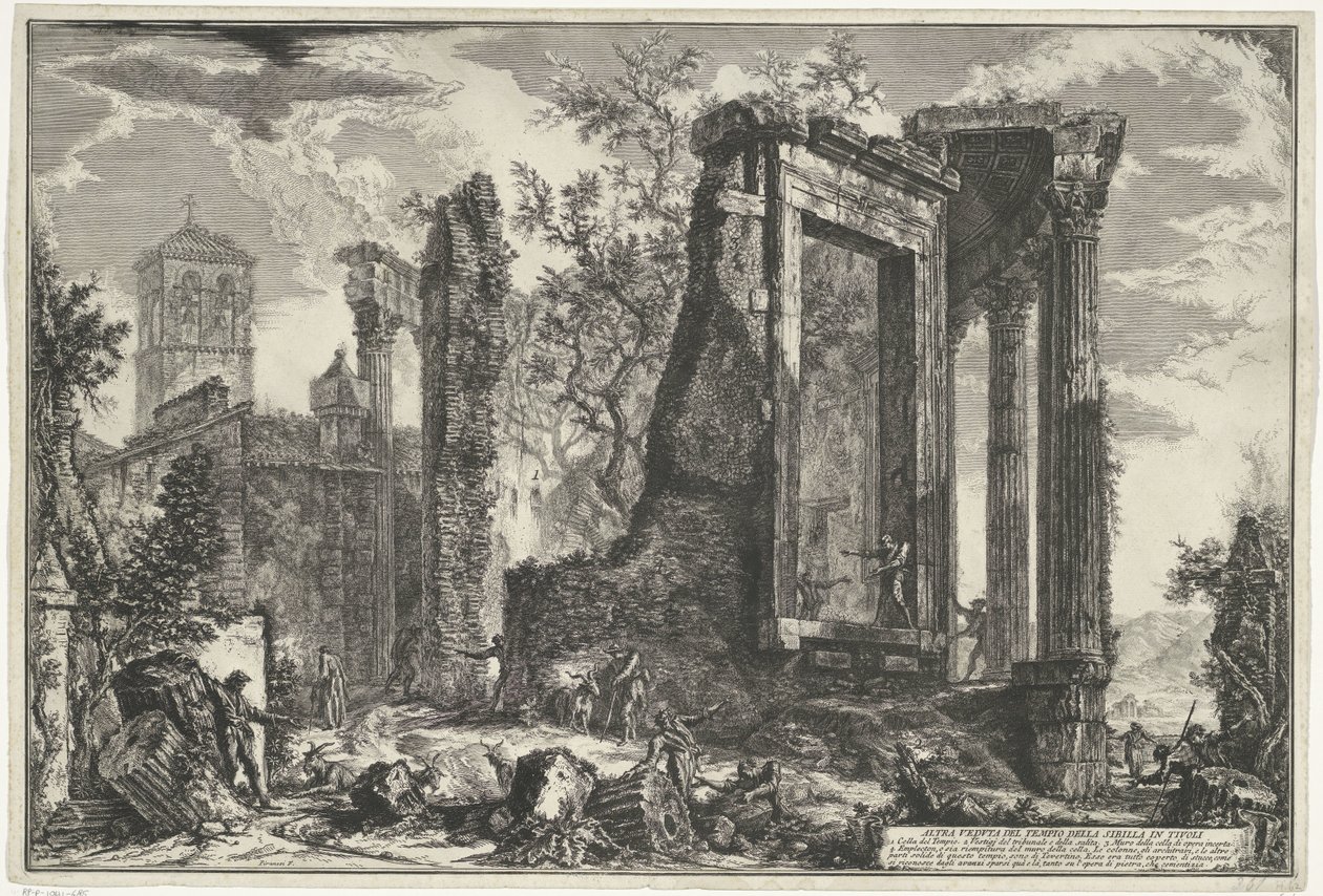 Tempel van Vesta en de Tempel van de Tiburtijnse Sibille v Tivoli Jiný pohled na Sibylin chrám v Tivoli (název na objektu) Gezichten op Rome (název série) Pohledy na Řím navrhl a vyryl Giambattista Piranesi architekt Ve (nez) iano (ser od Giovanni Battista Piranesi