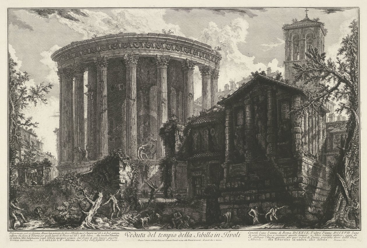 Tempel van Vesta en de Tempel van de Tiburtijnse Sibille v Tivoli Pohled na chrám Sibyly v Tivoli (název na objektu) Gezichten op Rome (název série) Pohledy na Řím navrhl a vyryl architekt Giambattista Piranesi Ve (nez) iano (série ti od Giovanni Battista Piranesi