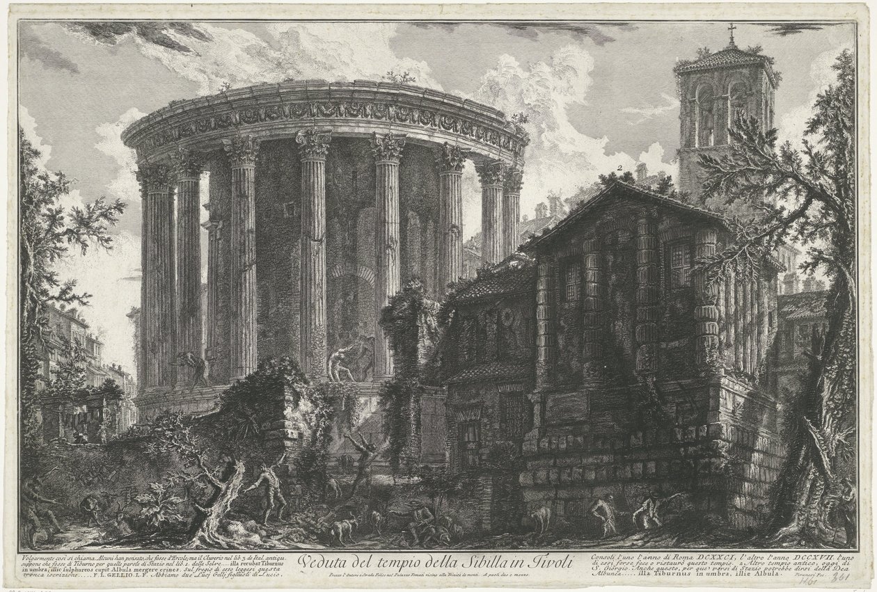 Tempel van Vesta en de Tempel van de Tiburtijnse Sibille v Tivoli Pohled na chrám Sibyly v Tivoli (název na objektu) Gezichten op Rome (název série) Pohledy na Řím navrhl a vyryl architekt Giambattista Piranesi Ve (nez) iano (série ti od Giovanni Battista Piranesi