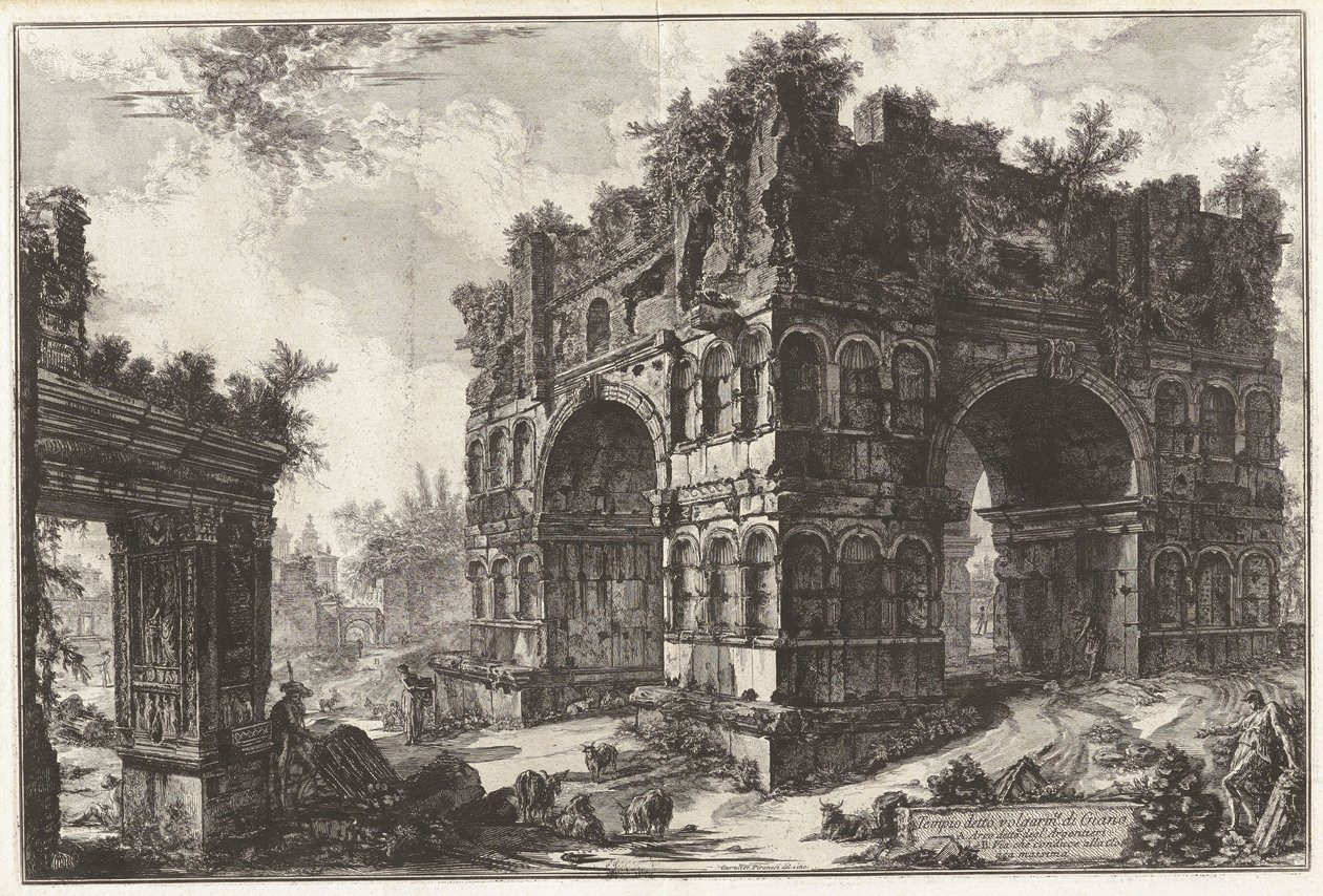 Takzvaný Janův chrám. A. Takzvaný oblouk Argentariů, z Vedute di Roma (Pohledy na Řím) od Giovanni Battista Piranesi