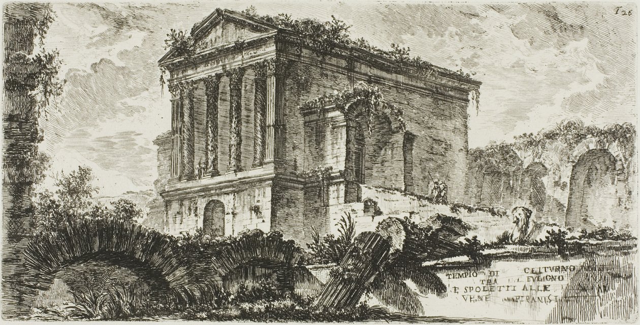 Clitumnův chrám mezi Folignem a Spoletem, deska 26 z některých pohledů na triumfální oblouky a další památky od Giovanni Battista Piranesi