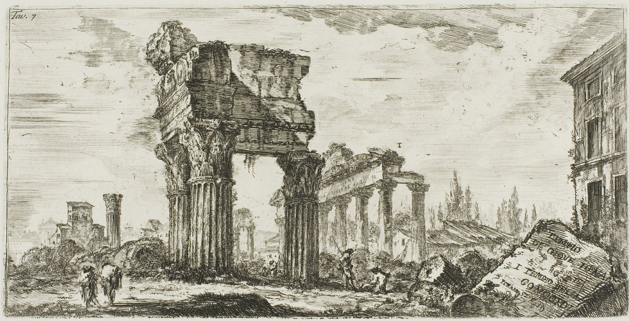 Chrám Jupitera Tonanse [Jupiter Thunderer]. 1. Temple of Concord, deska 7 z některých pohledů na triumfální oblouky a další památky od Giovanni Battista Piranesi