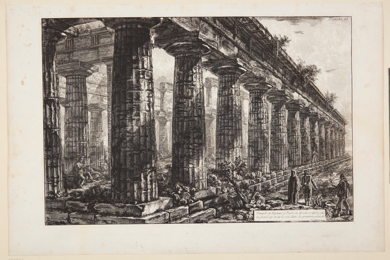 Neptunův chrám v Paestu, pohled z boku, nakreslený ve zvětšeném měřítku oproti prvnímu obrázku od Giovanni Battista Piranesi