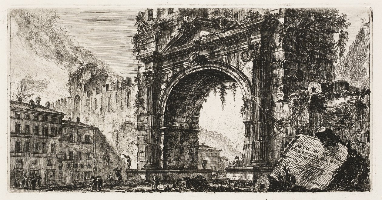 Oblouk v Rimini postavený Augustem, deska 17 z některých pohledů na triumfální oblouky a další památky od Giovanni Battista Piranesi