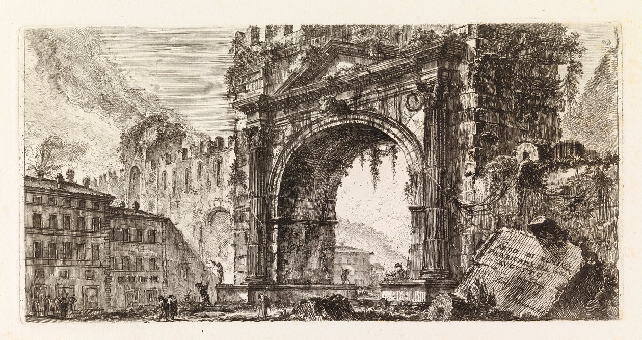 Augustův oblouk v Rimini, ze série Alcune vedute di Archi Trionfali, ed altri monumenti od Giovanni Battista Piranesi