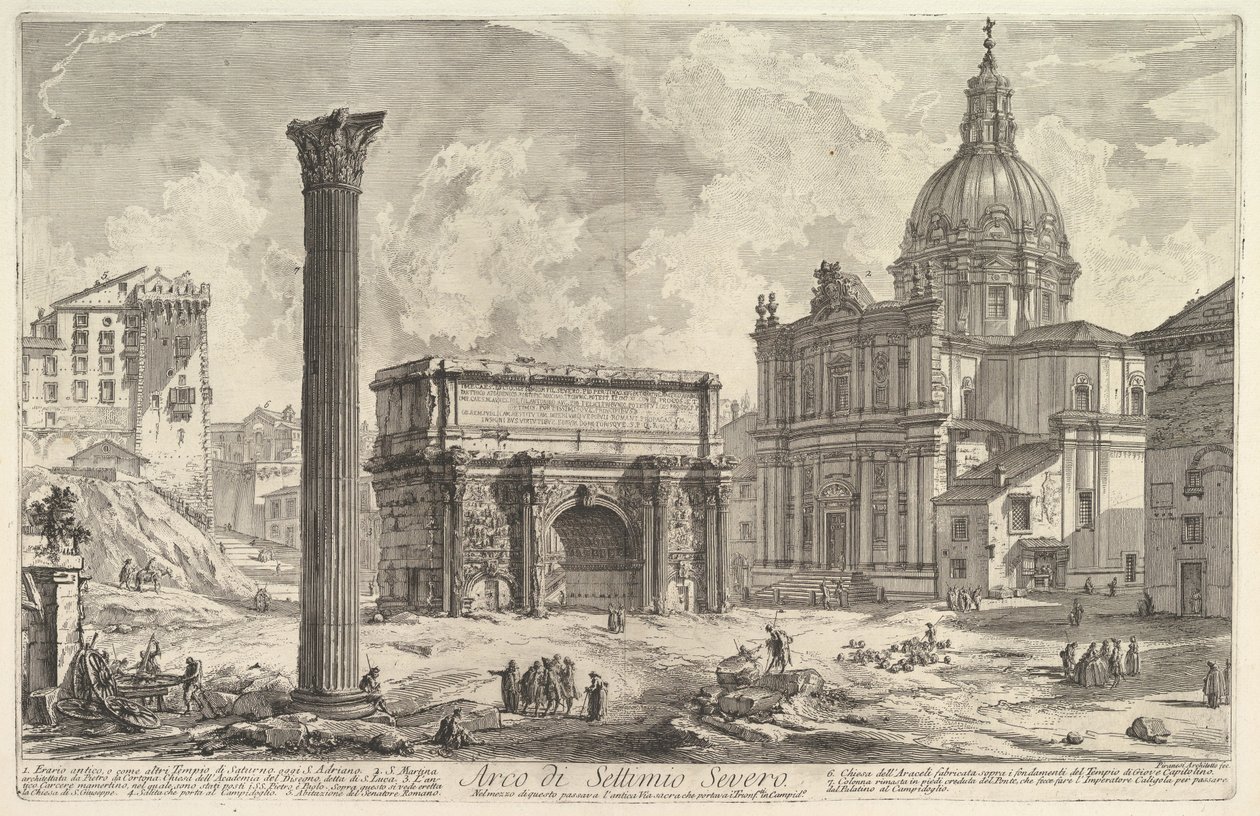 Septimiův Severův oblouk s kostelem sv. Martiny vpravo (Arco di Settimio Severo), z „Vedute di Roma“ od Giovanni Battista Piranesi