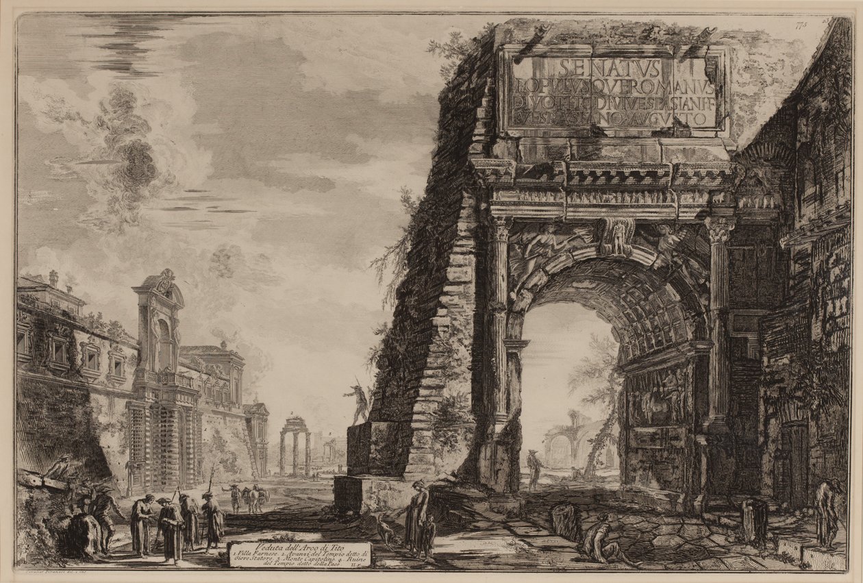 Titův oblouk s kasinem Farnese na levé straně, kolem 1760-78 (lept) od Giovanni Battista Piranesi