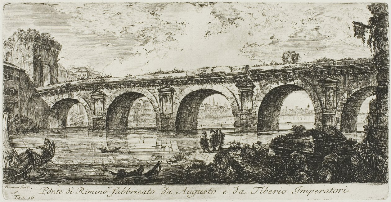 Most v Rimini postavený císaři Augustem a Tiberiem, deska 16 z některých pohledů na triumfální oblouky a další památky od Giovanni Battista Piranesi
