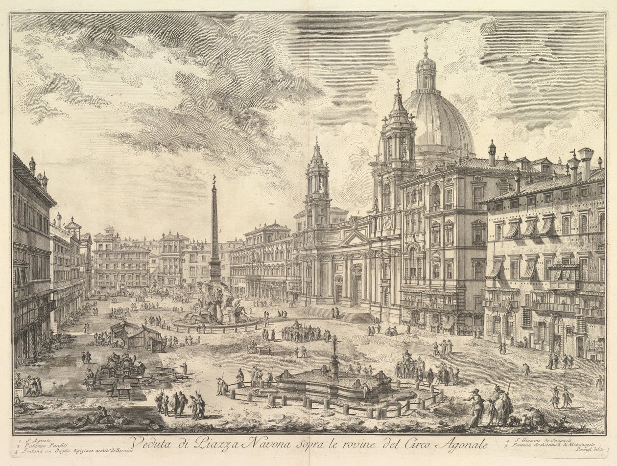 Piazza Navona v Římě nad ruinami Domitianova cirku, napravo kostel Sant