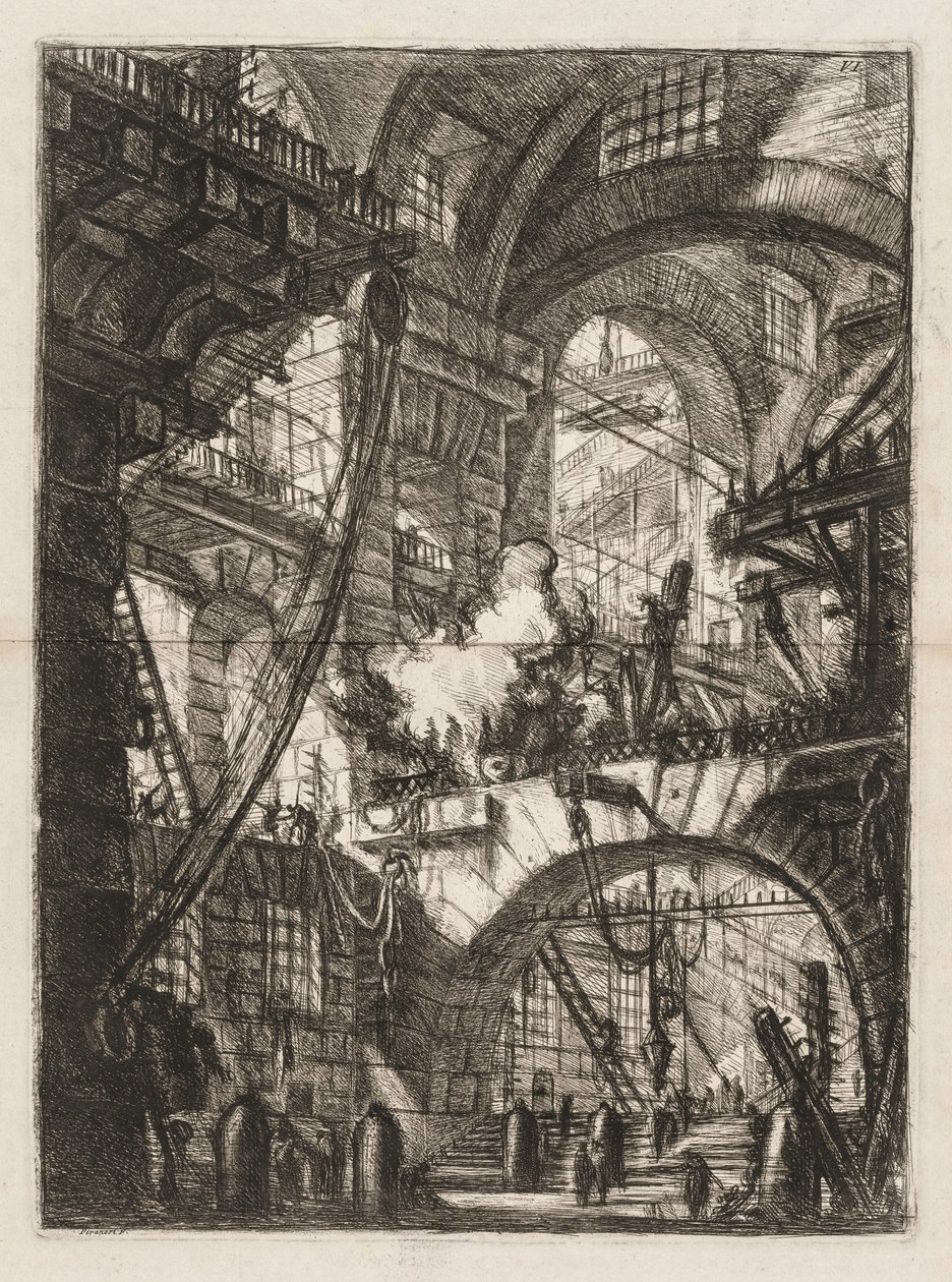 Věznice: Perspektiva oblouků s kouřícím ohněm ve středu od Giovanni Battista Piranesi