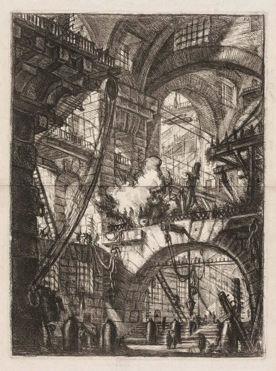 Věznice: Perspektiva oblouků s kouřícím ohněm ve středu. od Giovanni Battista Piranesi