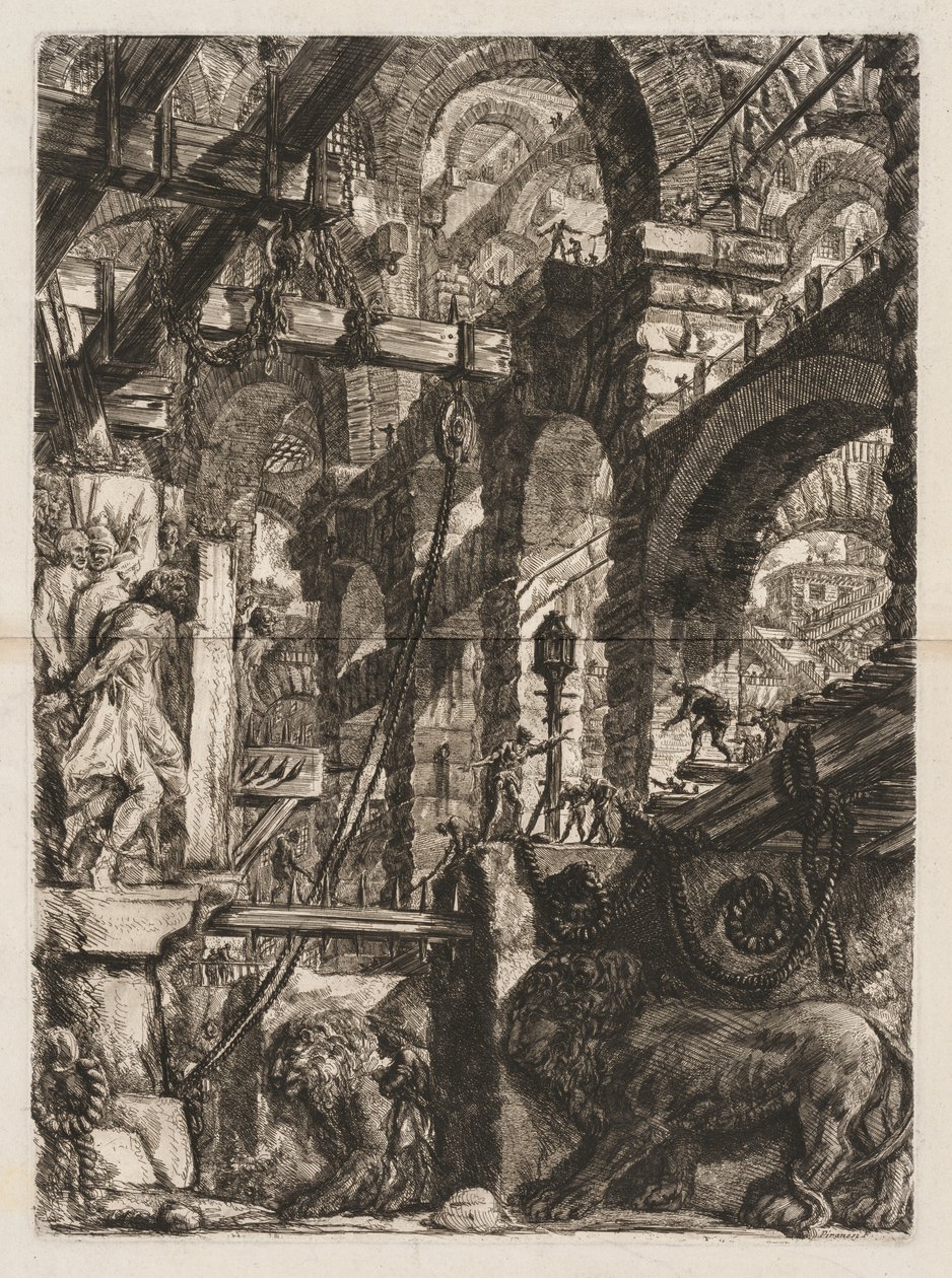 Vězení: Pohled na římské oblouky, se dvěma lvy vytesanými v reliéfu..., 1745-50. od Giovanni Battista Piranesi