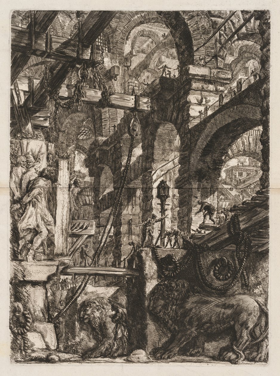 Vězení: Perspektiva římských oblouků se dvěma lvy vytesanými v reliéfu na kamenných deskách v popředí od Giovanni Battista Piranesi