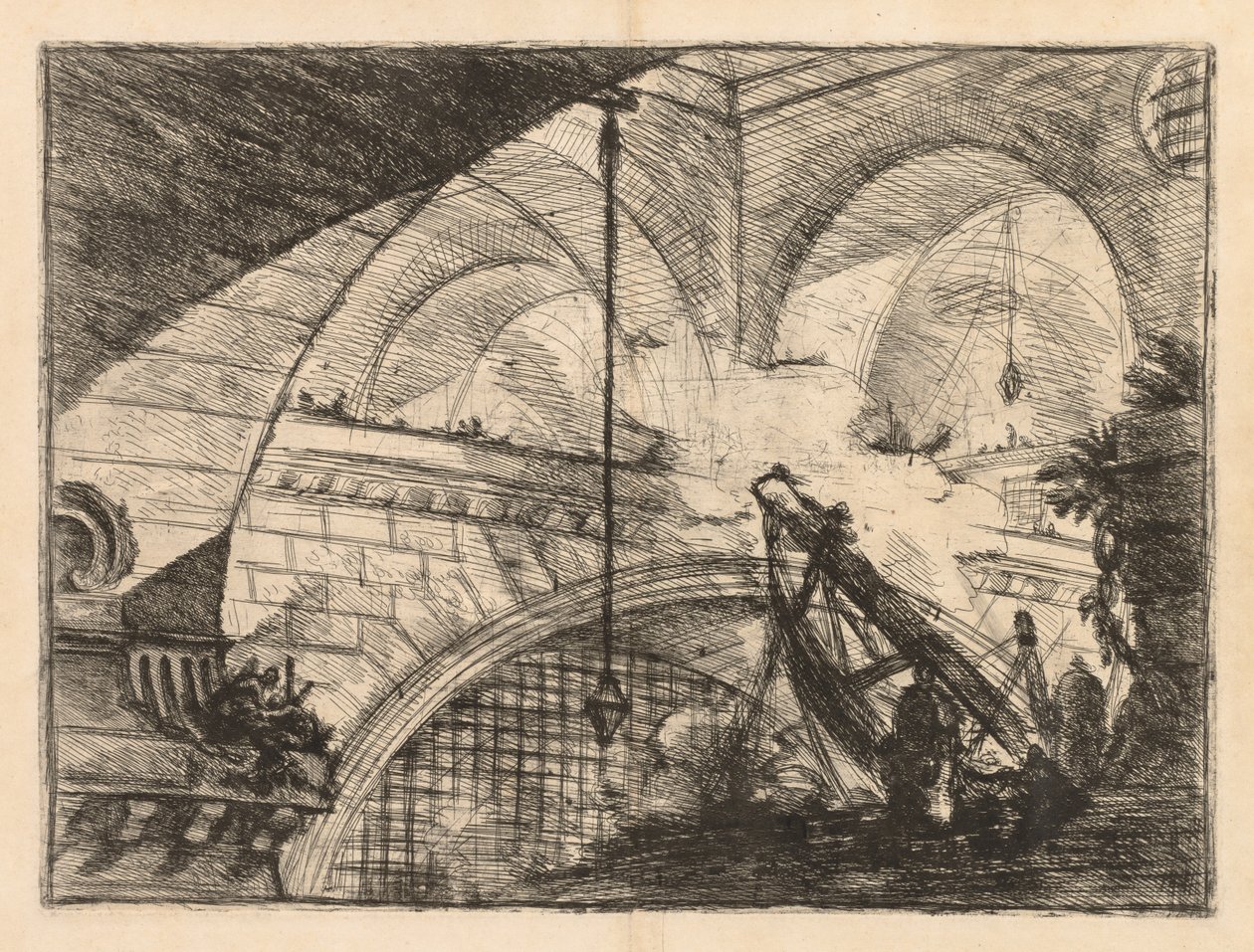 Věznice: Řada galerií s jeřábovou erekcí trámů od Giovanni Battista Piranesi
