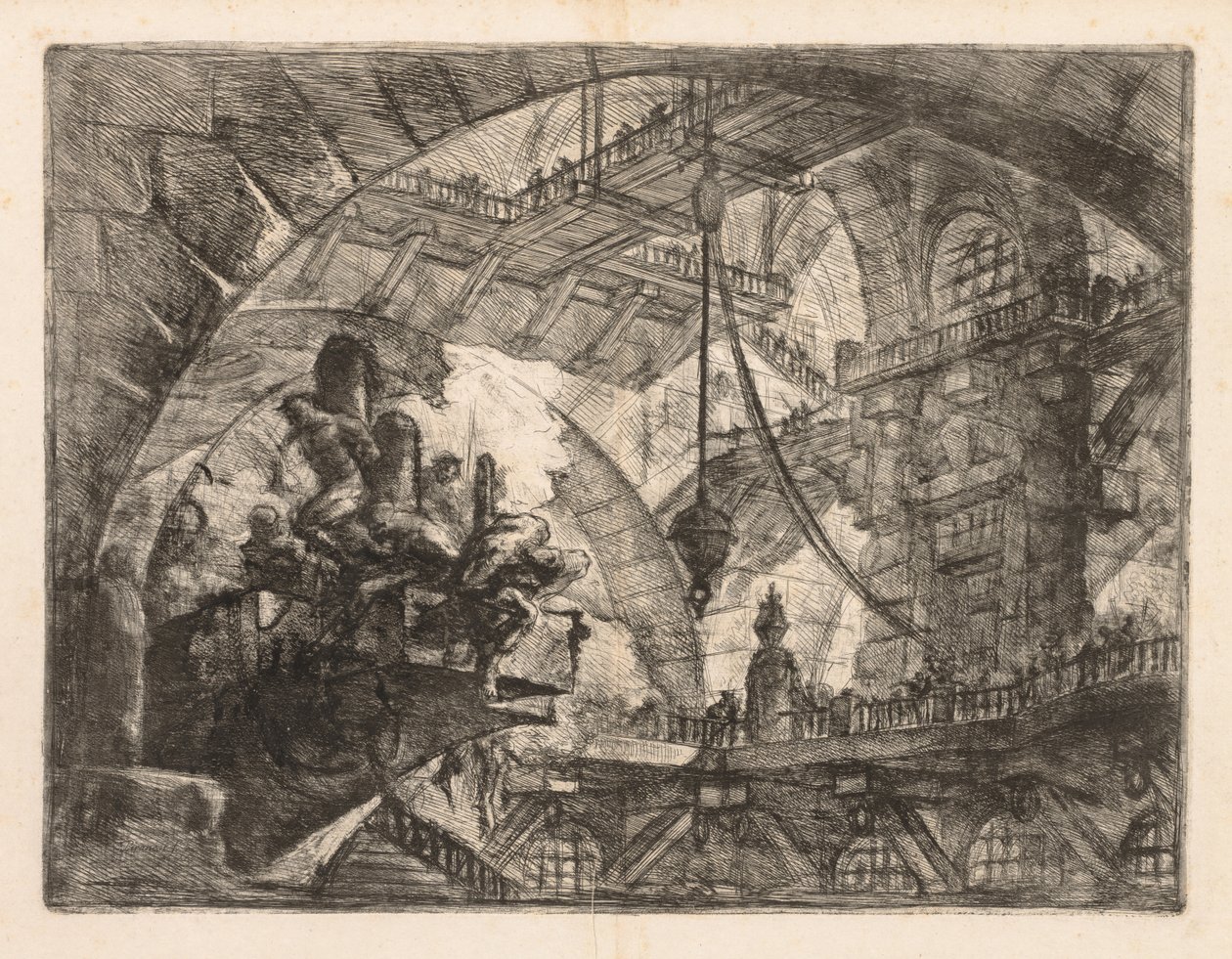 Věznice: rozlehlá galerie se skupinou vězňů od Giovanni Battista Piranesi