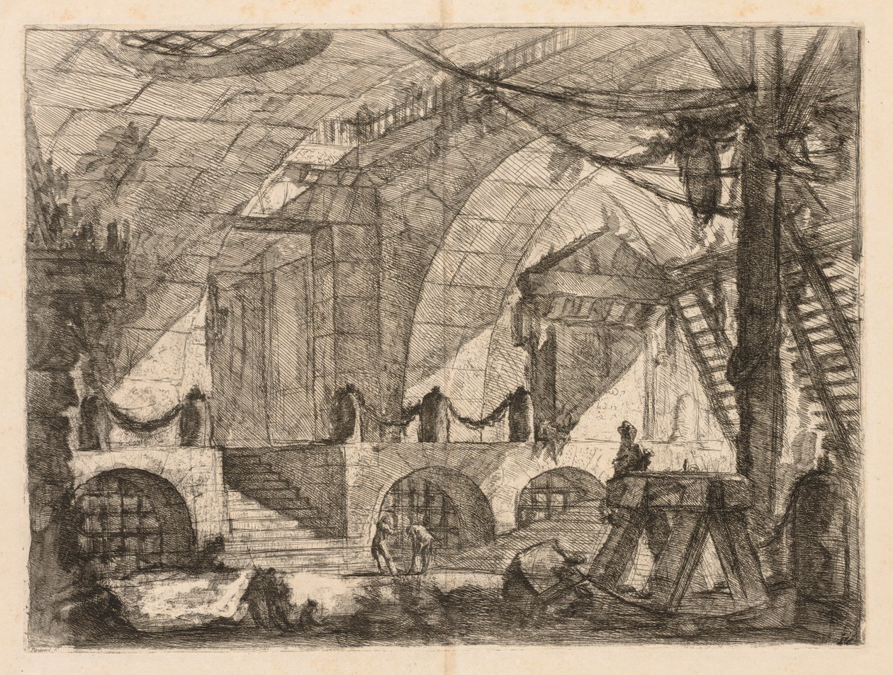 Vězení: Oblouková komora se sloupky a řetězy od Giovanni Battista Piranesi