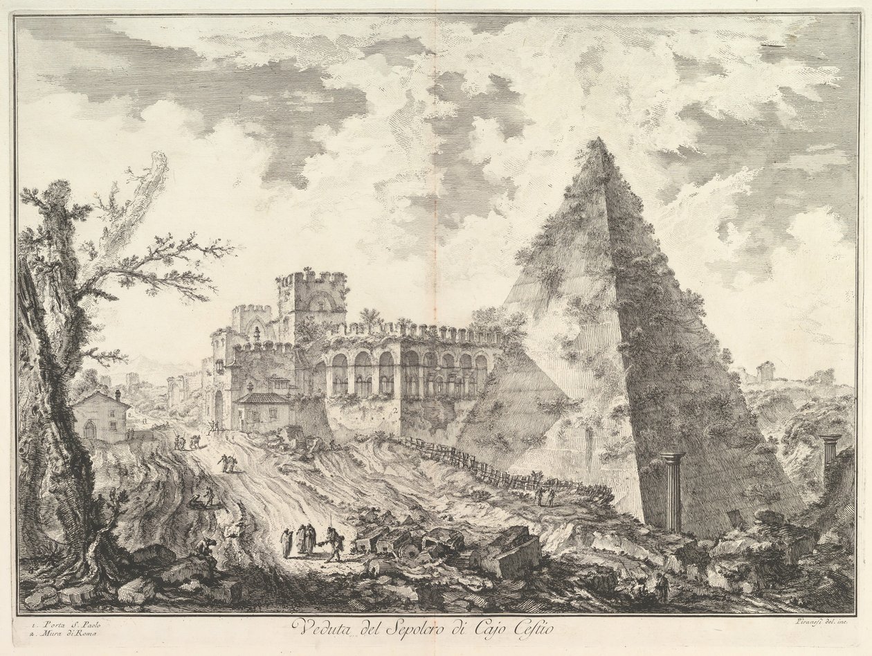 Pyramida Caiuse Cestiuse, s Porta S. Paolo a přilehlou silnicí Veduta del S..., ca. 1755. od Giovanni Battista Piranesi