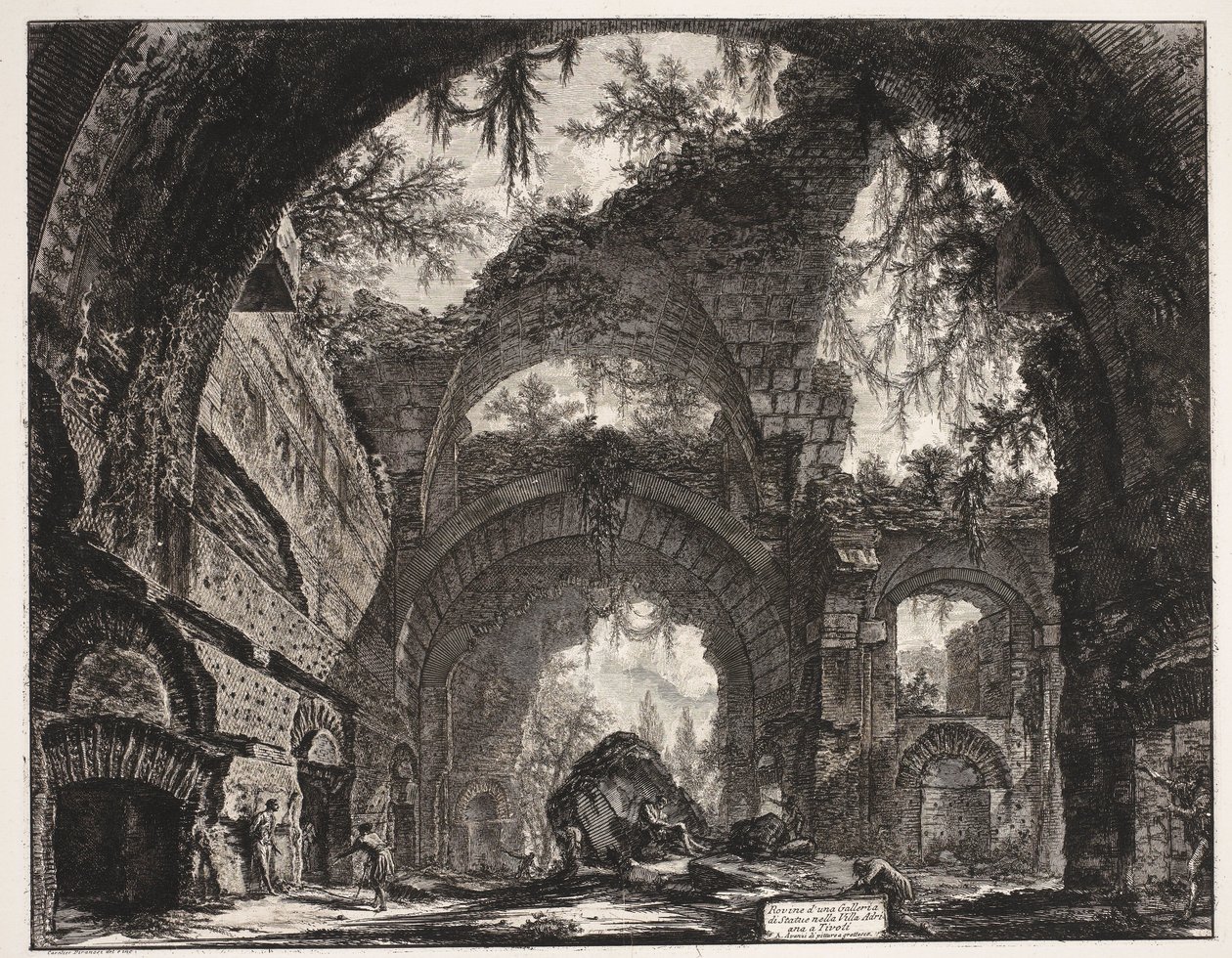 Thermen v de Villa Adriana t a Tivoli Ruiny galerie soch v Hadriánově vile v Tivoli (název na objektu) Gezichten op Rome (název série) Pohledy na Řím navržený a vyrytý architektem Giambattista Piranesi Ve (nez) iano (název série) od Giovanni Battista Piranesi