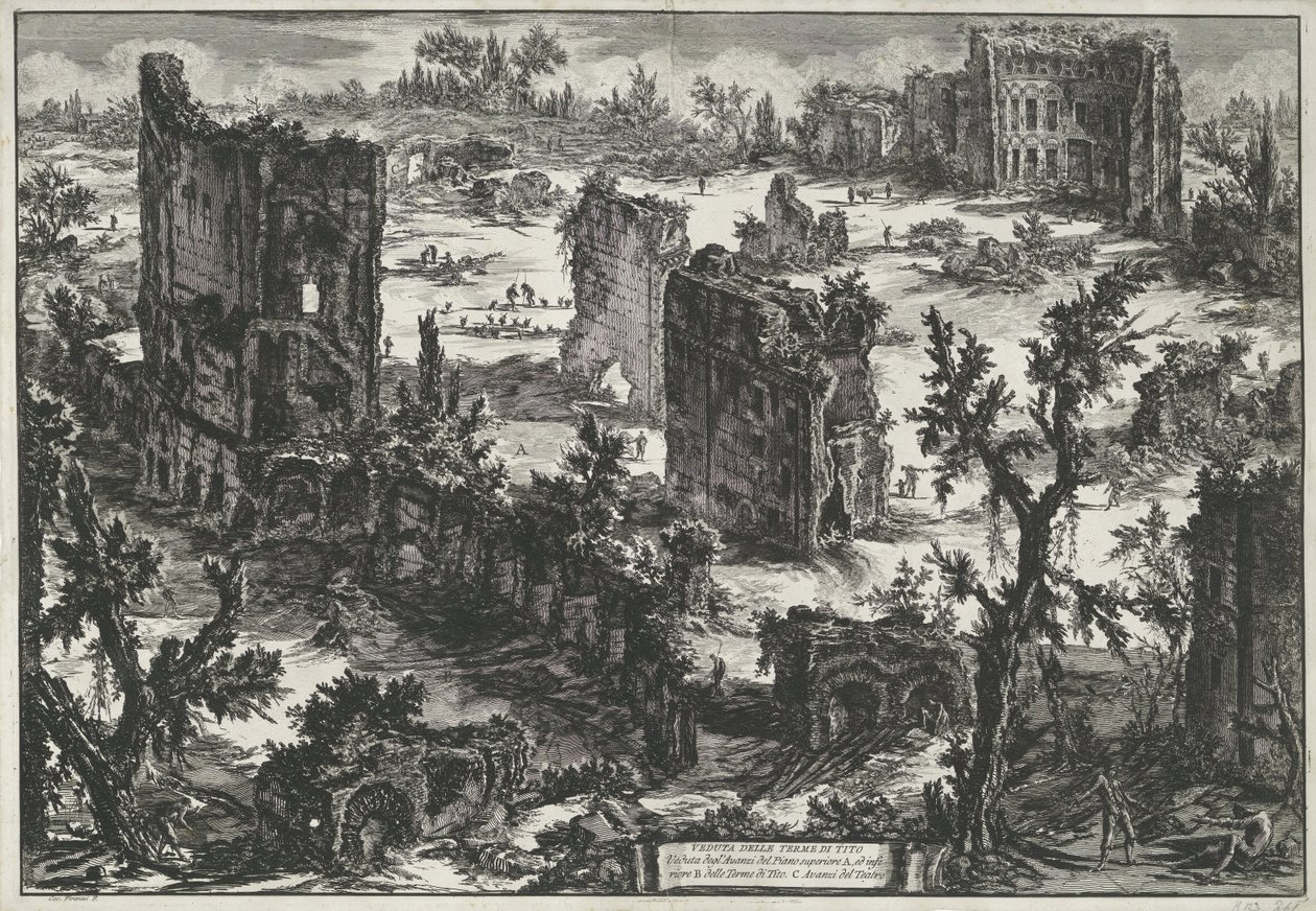 Thermen van Trajanus te Rome Pohled na Sýkorové lázně (...) (nadpis na objektu) Gezichten op Rome (název série) Pohledy na Řím navržený a vyrytý architektem Giambattista Piranesi Ve (nez) iano (název série) od Giovanni Battista Piranesi