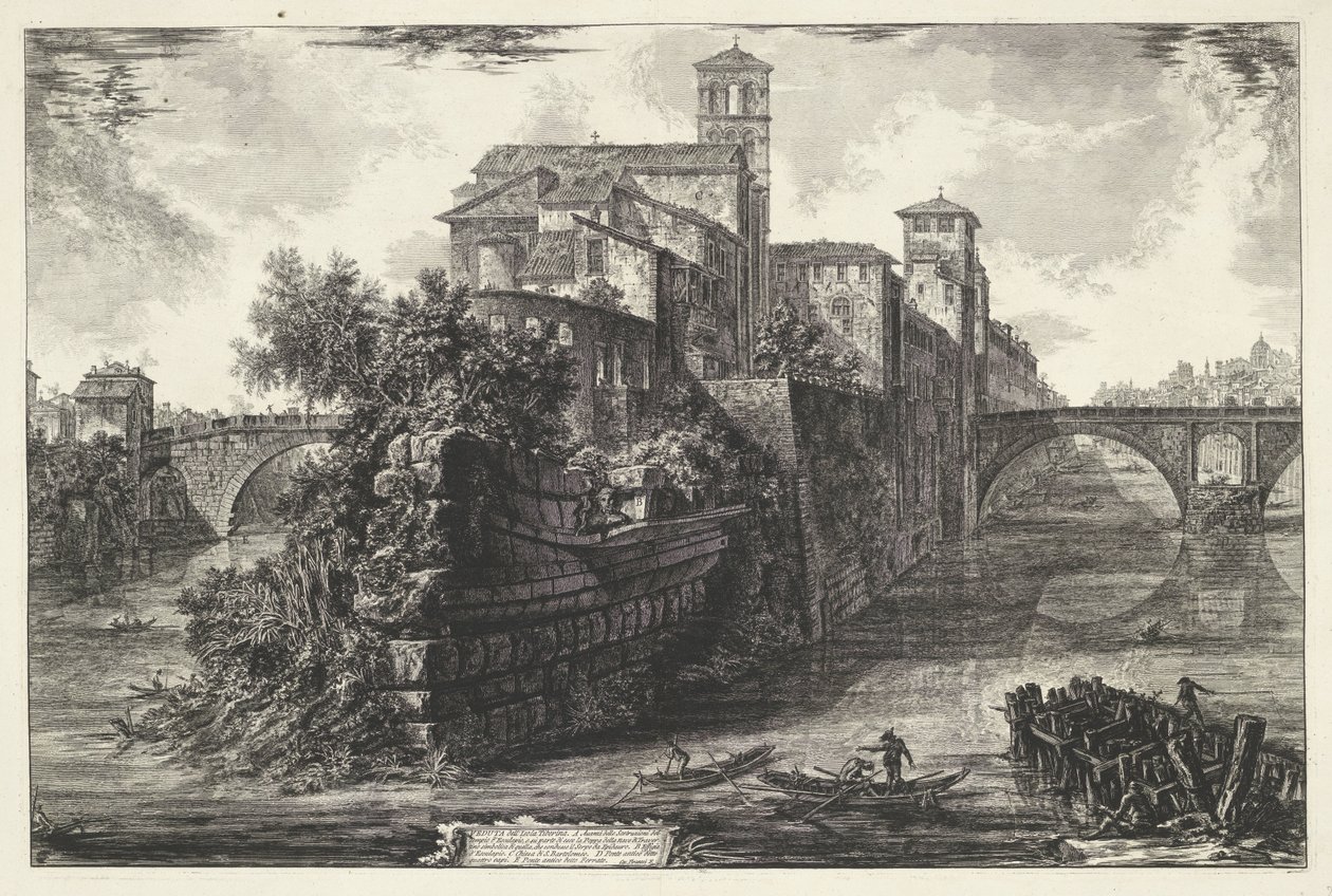 Tibereiland te Řím Pohled na ostrov Tiber (název na objektu) Gezichten op Rome (název série) Pohledy na Řím navržený a vyrytý architektem Giambattista Piranesi Ve (nez) iano (název série) od Giovanni Battista Piranesi