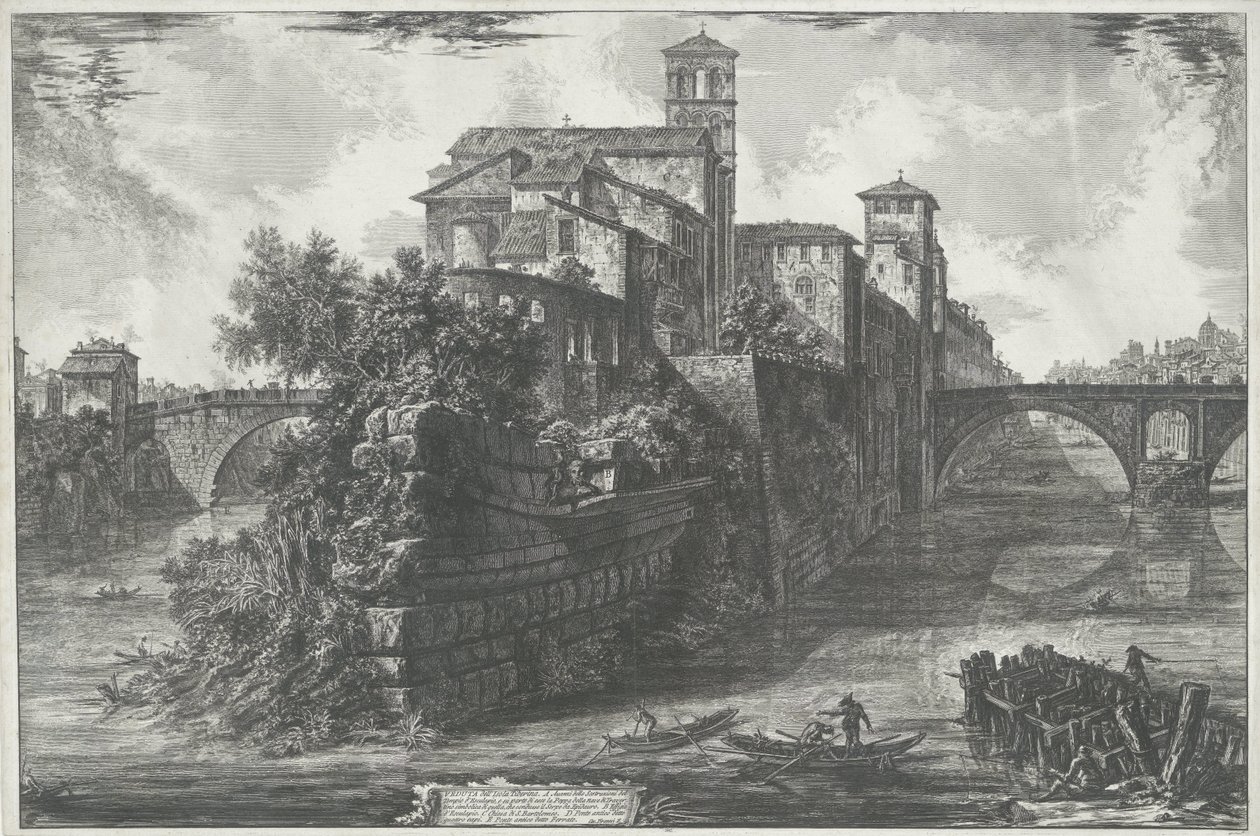 Tibereiland te Řím Pohled na ostrov Tiber (název na objektu) Gezichten op Rome (název série) Pohledy na Řím navržený a vyrytý architektem Giambattista Piranesi Ve (nez) iano (název série) od Giovanni Battista Piranesi