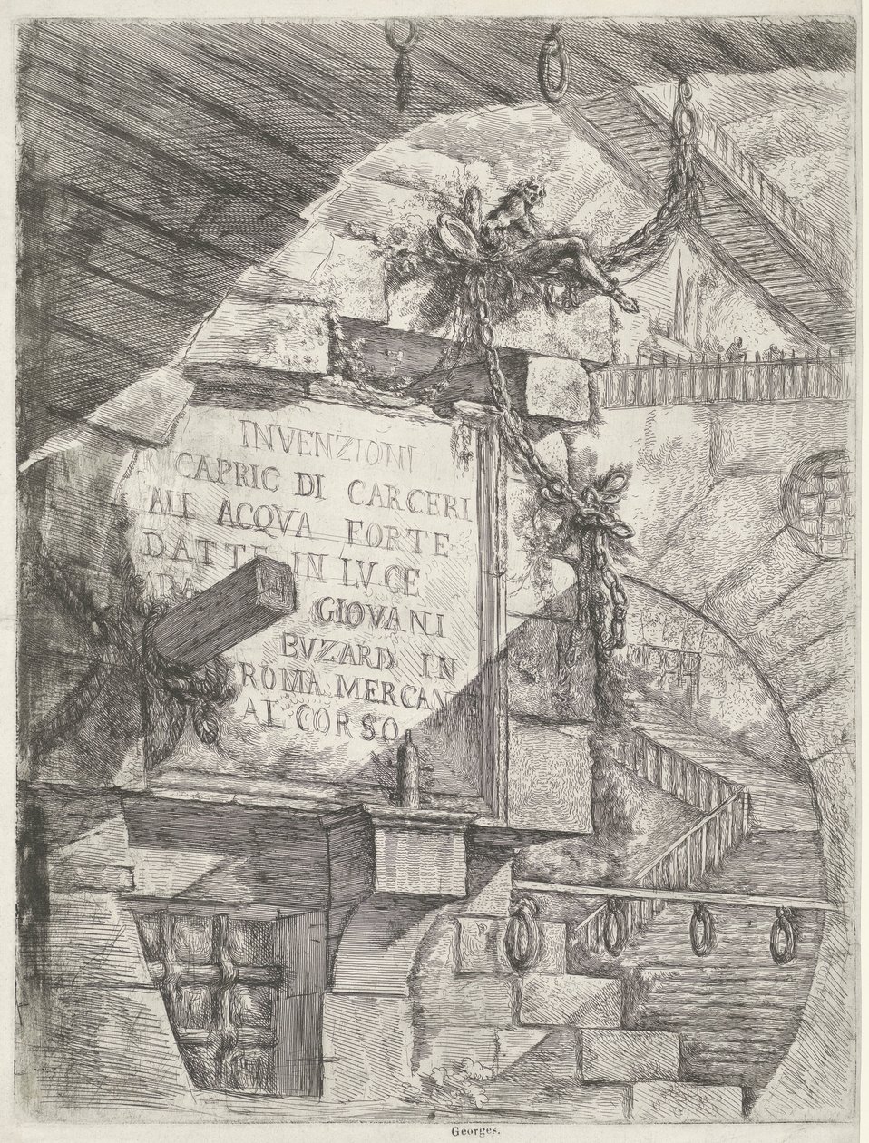 Tisk titulu s tváří v žaláři a titulem na zdi Dungeons (název série) Invenzioni Capric di Carceri all Acqua Forte (název série na objektu) od Giovanni Battista Piranesi