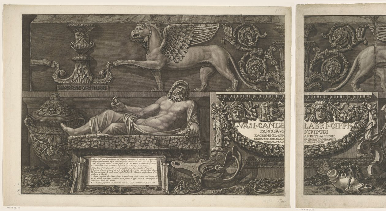 Titulní tisk se sochami, vyřezávanými reliéfy a sarkofágem s titulem Vázy, svícny, náhrobky, sarkofágy, stativy, lampy a ozdoby navržené a vyryté Giovanni Battista Piranesi (název série) Vasi, kandelábry, cippi, sarkofág od Giovanni Battista Piranesi