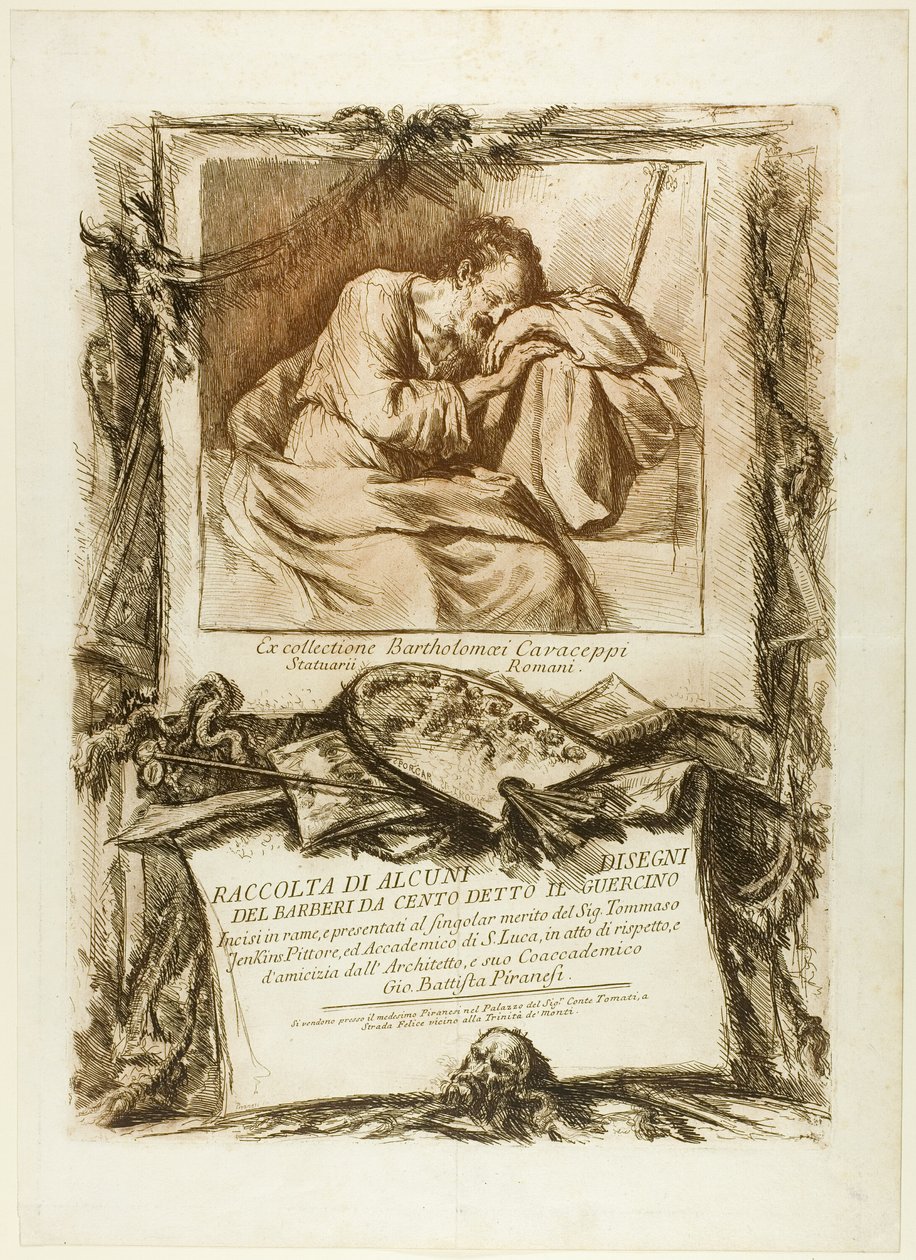 Titulní strana: Sbírka několika kreseb vyrytých po Barbieri da Cento (známém jako Guercino) vyrytých do mědi a předložených Thomasi Jenkinsovi, malíři a členovi Akademie sv. Lukáše, z úcty a přátelství od jeho kolegy, arc od Giovanni Battista Piranesi