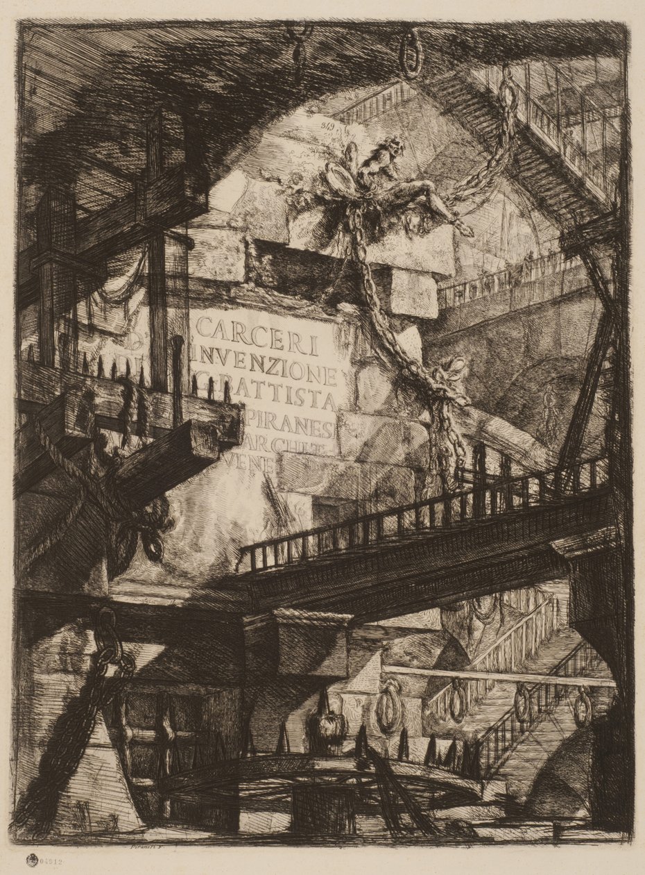 Titulní deska, deska I z imaginárních věznic, cca 1750 (lept na papíře) od Giovanni Battista Piranesi