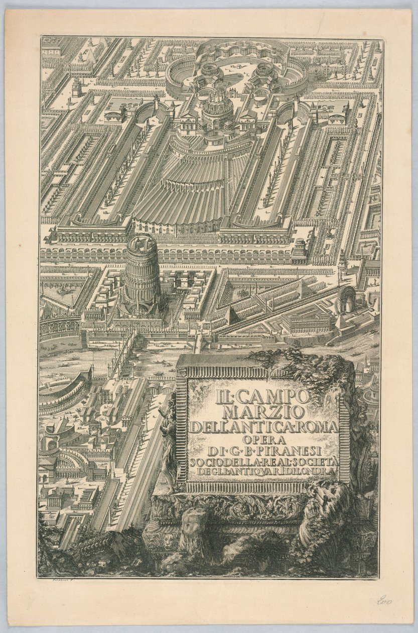 Titulní strana, „Campo Marzio starověkého Říma“, z části 20 „Kompletní díla Giovanniho Battisty Piranesiho“ od Giovanni Battista Piranesi