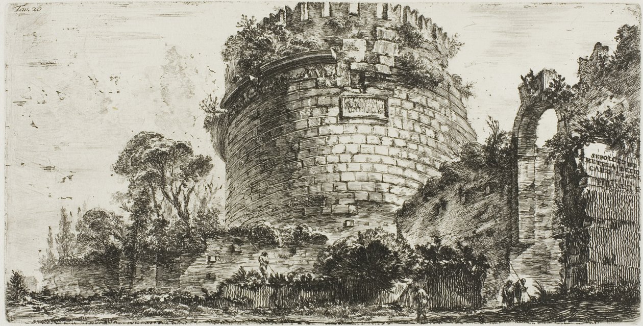Hrobka Caecilia Metella zvaná Capo di Bove [volská hlava], deska dvacet z některých pohledů na triumfální oblouky a další památky od Giovanni Battista Piranesi