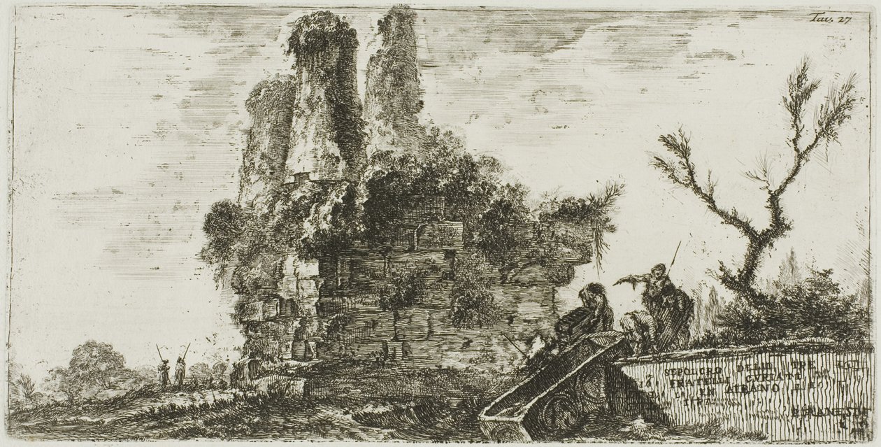 Hrob tří bratrů Curiatii v Albano, deska 27 z některých pohledů na triumfální oblouky a další památky od Giovanni Battista Piranesi