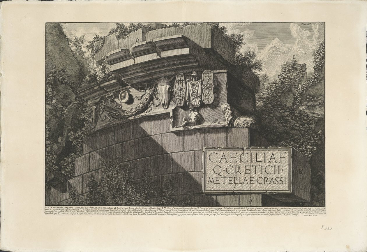 Tombe van Caecilia Metella te Rome Část fasády hrobu Cecilie Metella s ornamenty, které dnes existují (název na objektu) Archeologische vondsten in en rond Rome (název série) Římské starožitnosti (název série) od Giovanni Battista Piranesi