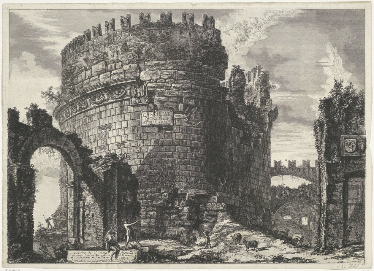 Tombe van Caecilia Metella te Rome Hrob Cecilie Metell (...) (název na předmětu) Gezichten op Rome (název série) Pohledy na Řím navržený a vyrytý architektem Giambattista Piranesi Ve (nez) iano (název série) od Giovanni Battista Piranesi