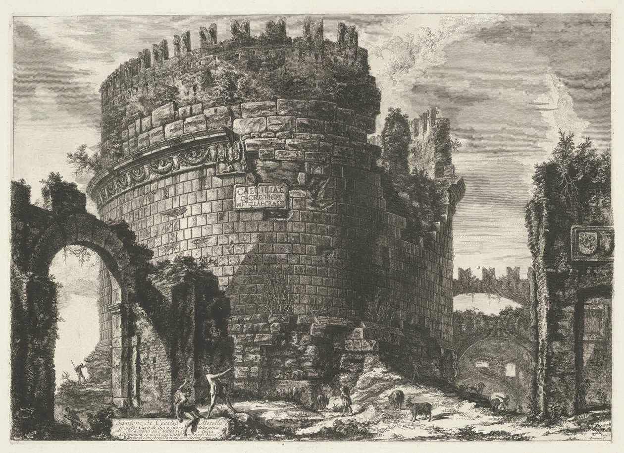 Tombe van Caecilia Metella te Rome Hrob Cecilie Metella (...) (název na předmětu) Gezichten op Rome (název série) Pohledy na Řím navržený a vyrytý architektem Giambattista Piranesi Ve (nez) iano (název série) od Giovanni Battista Piranesi