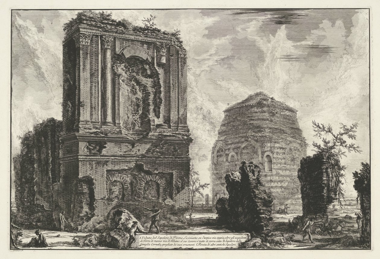 Tombes van Licinianus Piso en de Cornelius familie langs de Via Appia Gezichten op Rome (název série) Pohledy na Řím navržený a vyrytý architektem Giambattista Piranesi Ve (nez) iano (název série) od Giovanni Battista Piranesi