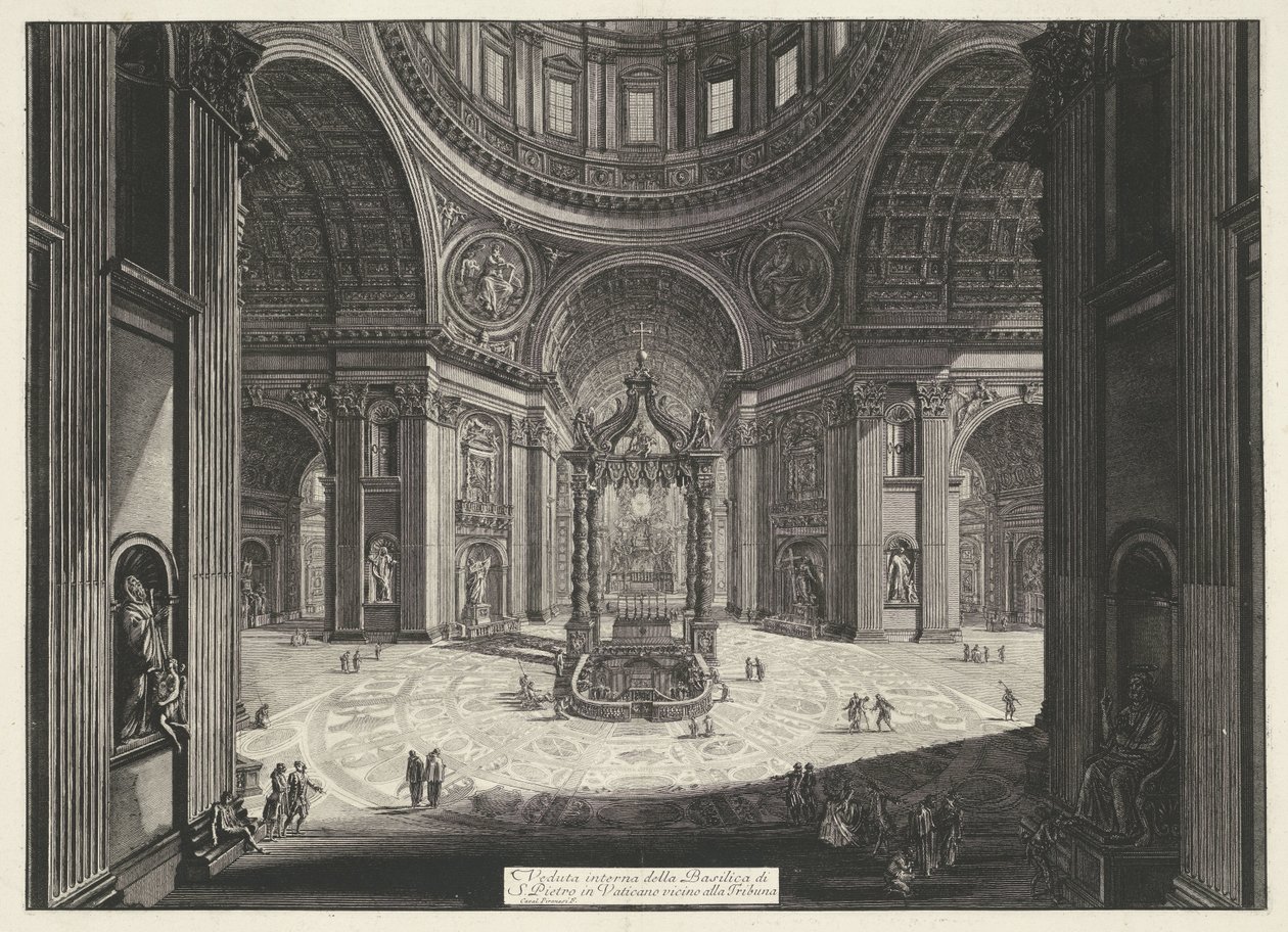 Transept van de Sint-Pietersbasiliek te Vaticaanstad Vnitřní pohled na baziliku svatého Petra ve Vatikánu poblíž Tribuny (titul na objektu) Gezichten op Rome (název série) Pohledy na Řím navrhl a vyryl Giambattista Piranesi architekt Ve ( od Giovanni Battista Piranesi