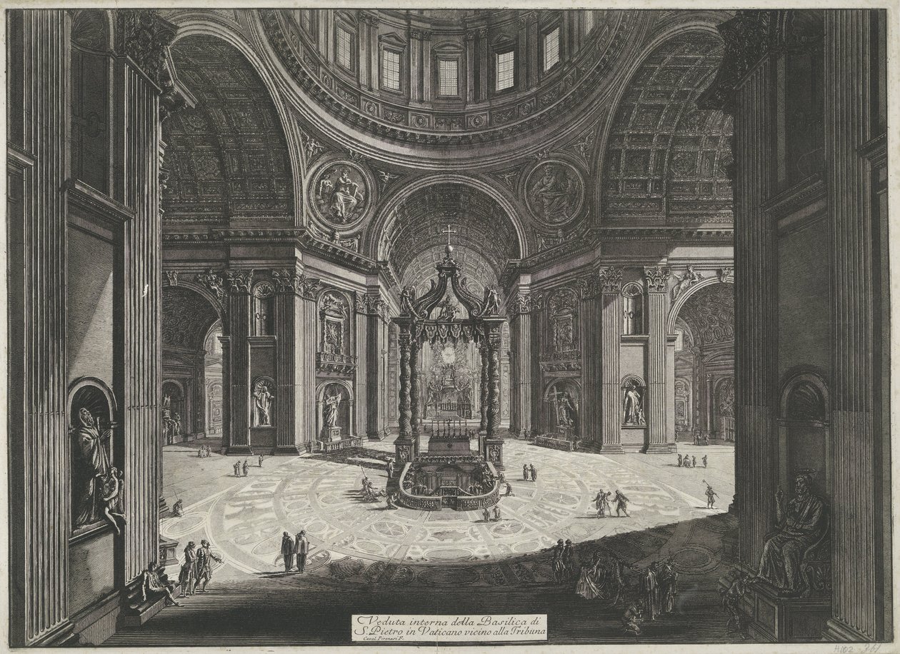 Transept van de Sint-Pietersbasiliek te Vaticaanstad Vnitřní pohled na baziliku svatého Petra ve Vatikánu poblíž Tribuny (titul na objektu) Gezichten op Rome (název série) Pohledy na Řím navrhl a vyryl Giambattista Piranesi architekt Ve ( od Giovanni Battista Piranesi
