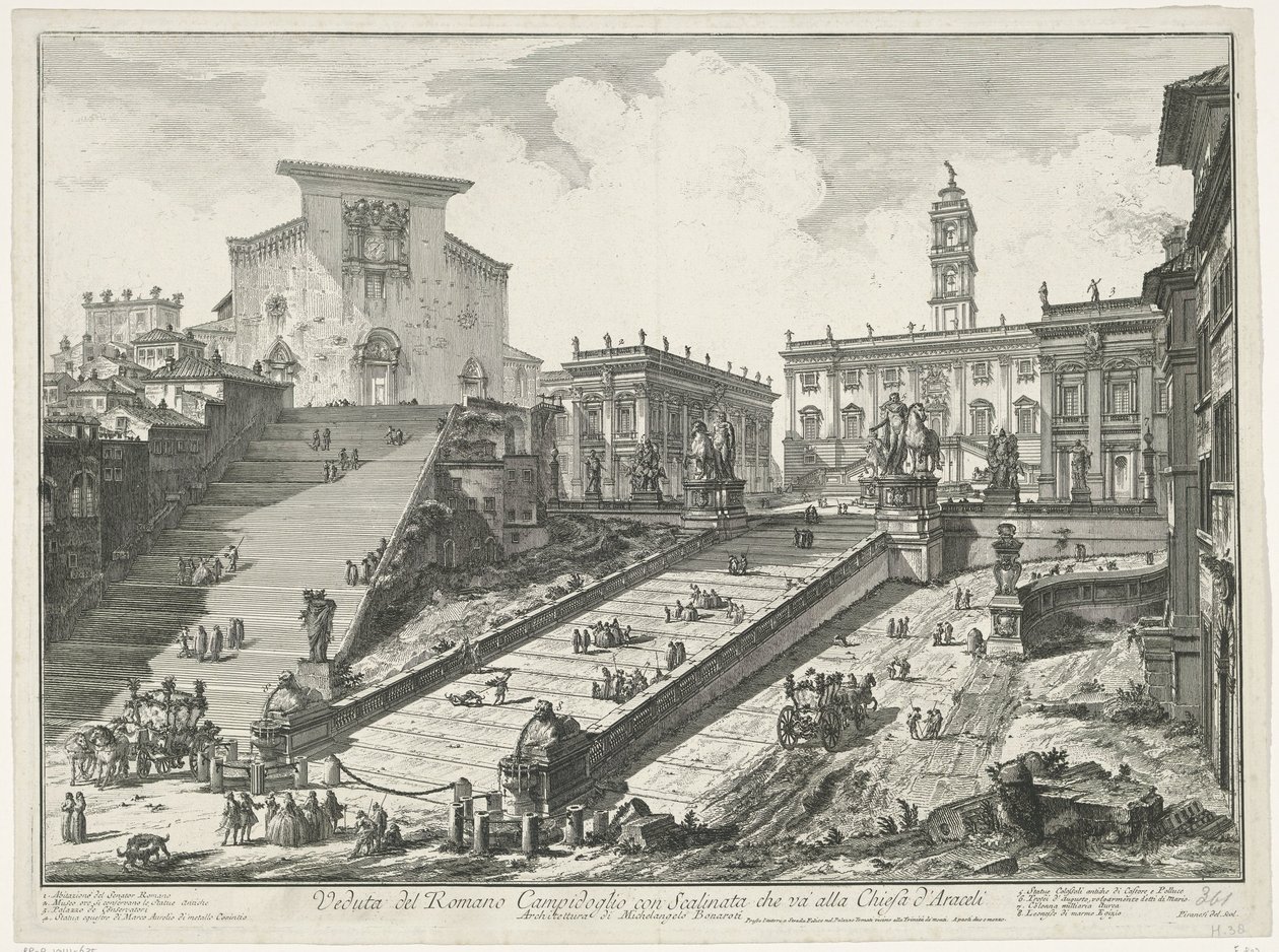 Trappen na náměstí Piazza del Campidoglio en de Santa Maria v Aracoeli te Rome Pohled na římské Campidoglio se schodištěm vedoucím ke kostelu Araceli (název na objektu) Gezichten op Rome (název série) Pohledy na Řím navrhl a vyryl Giambattista Pira od Giovanni Battista Piranesi